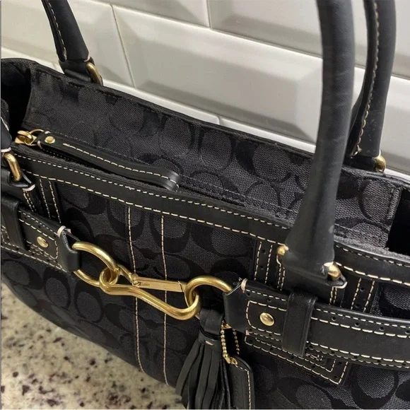 Coach Black Signature Shoulder Bag with Gold Accents